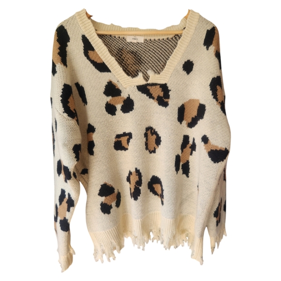Entro Leopard Print Pullover Knit Sweater Destroyed Trim Medium Cozy - Picture 2 of 8